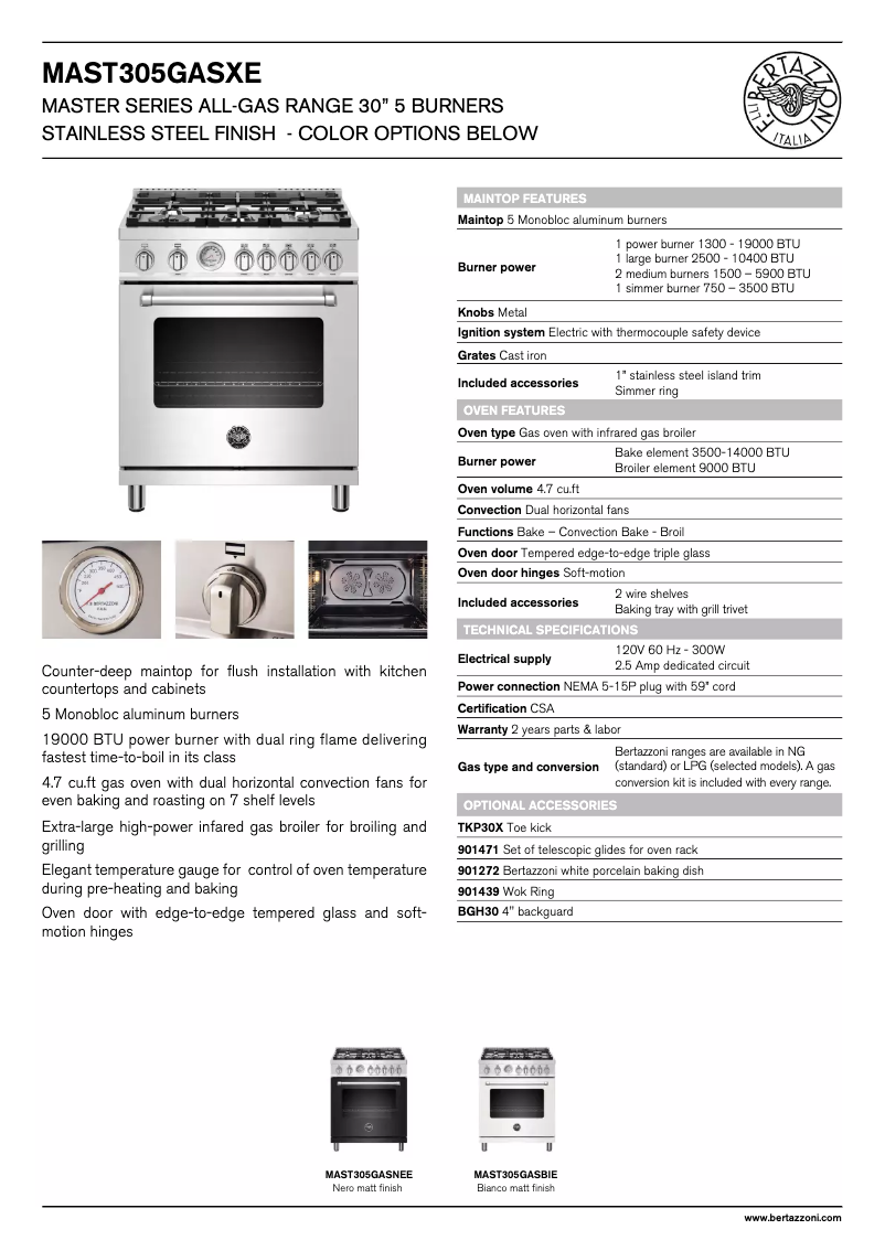Page 1 de la notice Fiche technique Bertazzoni MAST305GASBIE