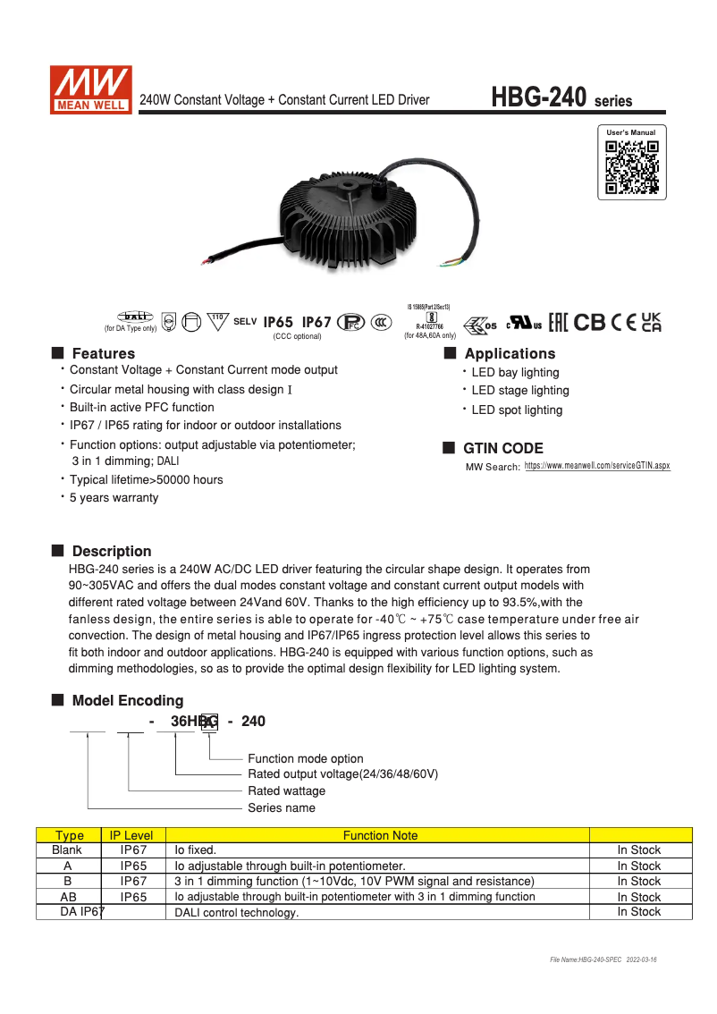 Page 1 de la notice Manuel utilisateur Mean Well HBG-240-36B