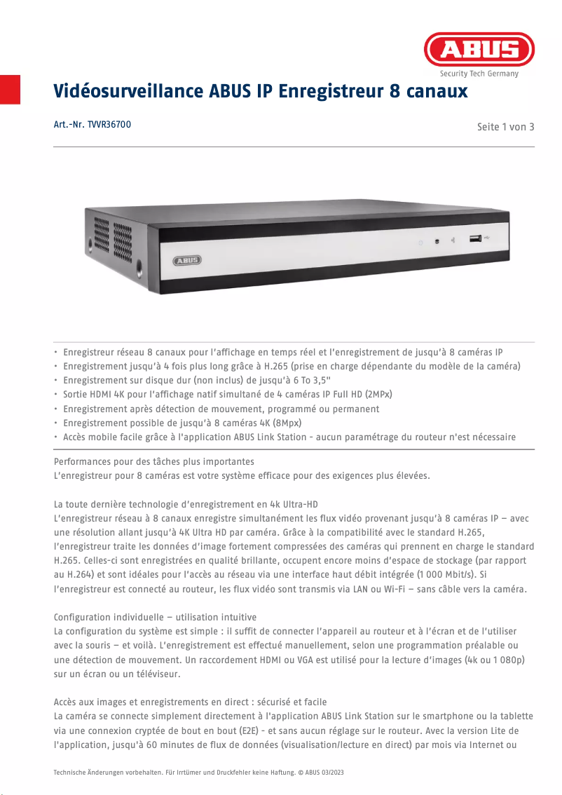 Page 1 de la notice Fiche technique Abus TVVR36700