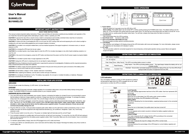 Page n°1 - Manuel utilisateur CyberPower BU800ELCD