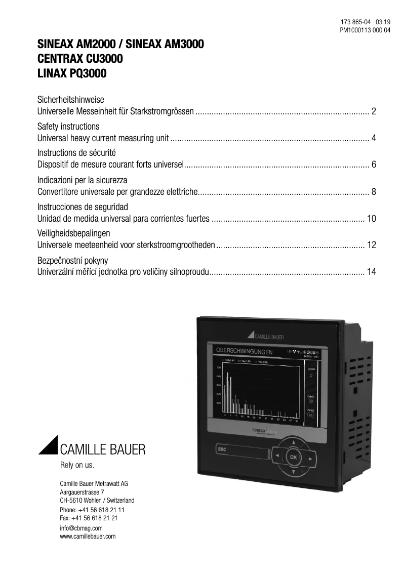 Page n°1 - Instructions de sécurité Camille Bauer CENTRAX CU3000