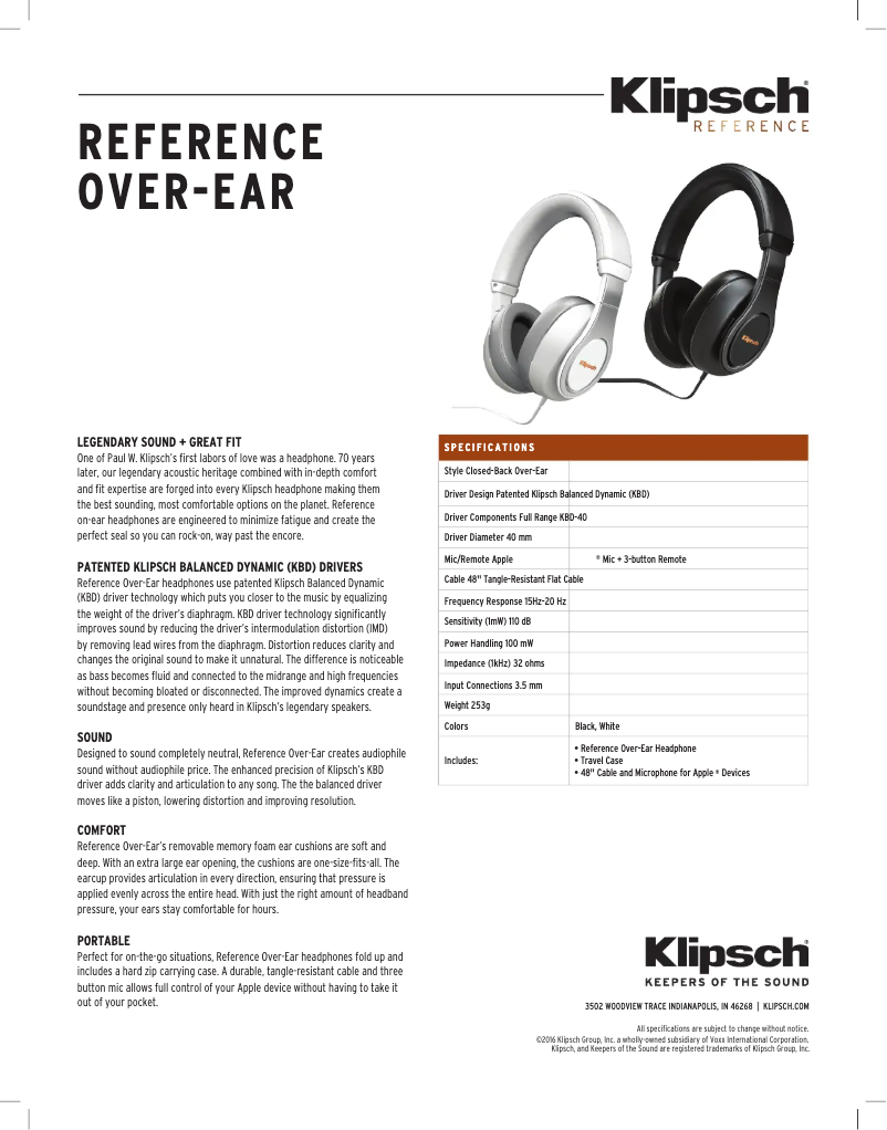 Page n°1 - Fiche technique Klipsch Reference Over-Ear