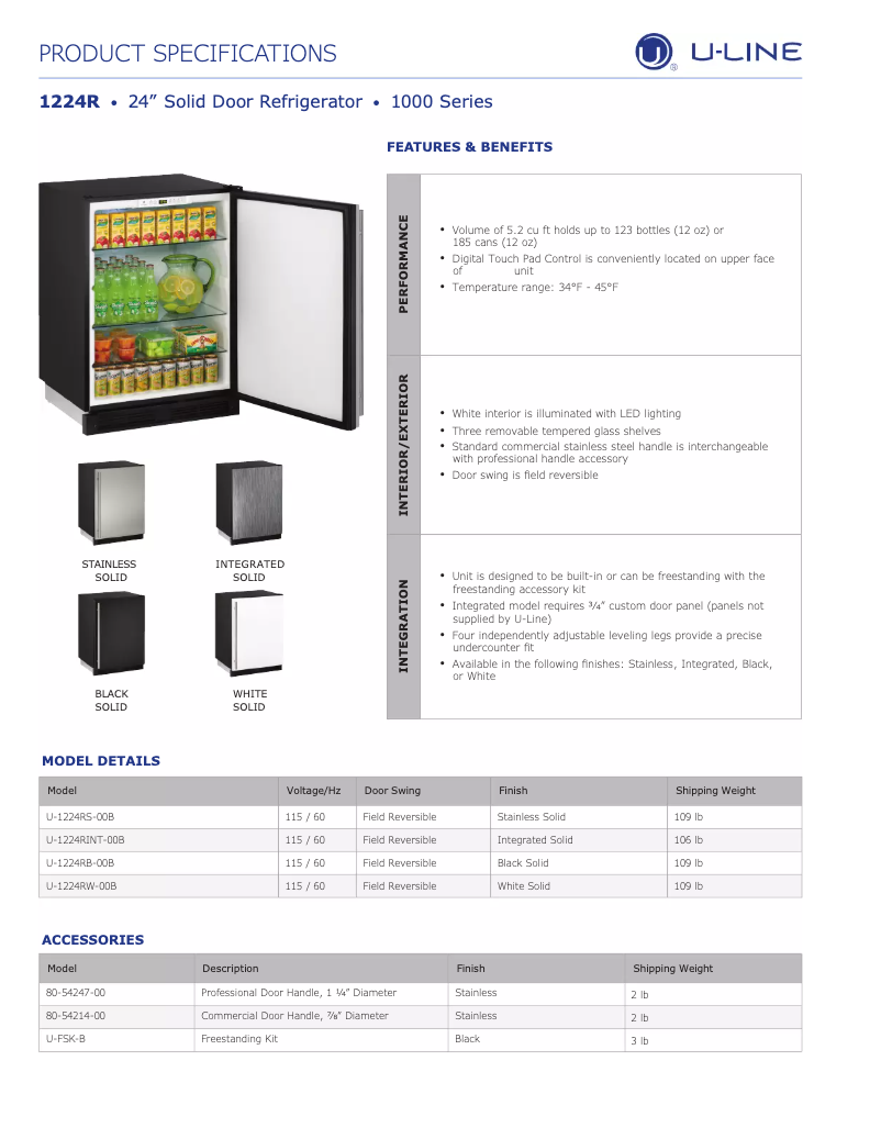 Page 1 de la notice Fiche technique U-Line U-1224RW-00B
