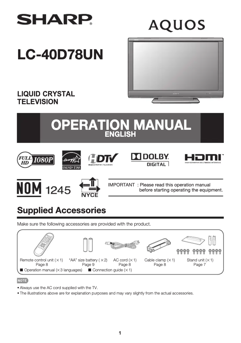 Page n°1 - Manuel utilisateur Sharp Aquos LC-40D78UN