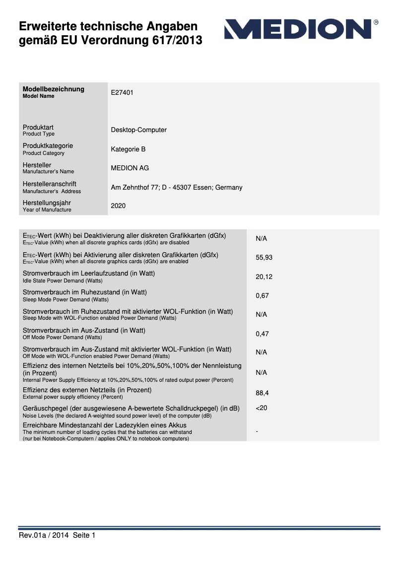 Page 1 de la notice Fiche technique Medion Akoya E27401