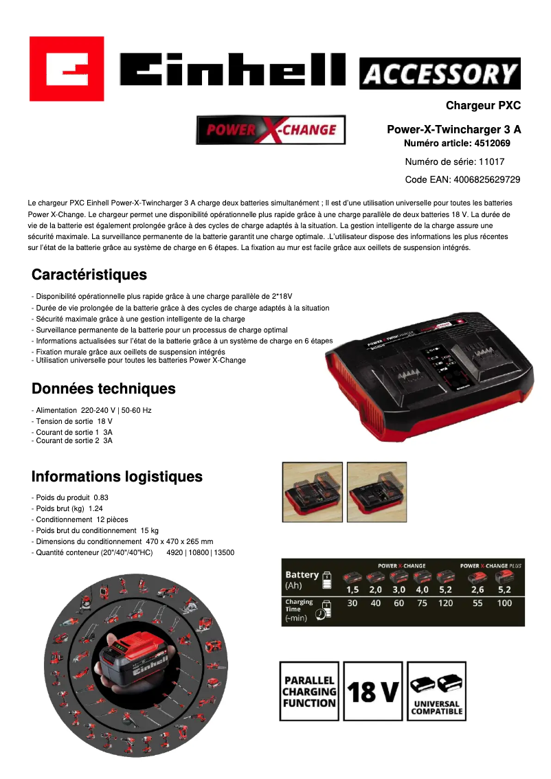 Page n°1 - Fiche technique Einhell Power X-Twincharger 3A