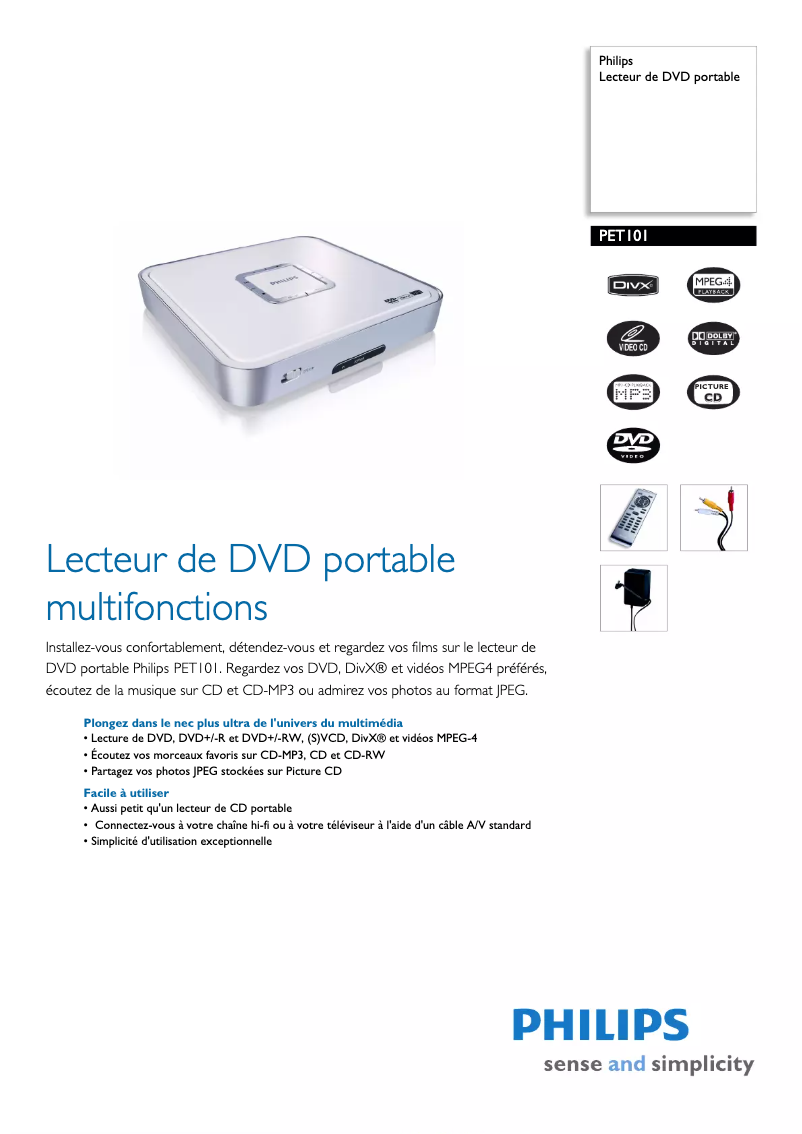Page 1 de la notice Fiche technique Philips PET101