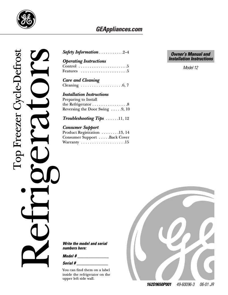 Page 1 de la notice Guide d'installation GE GFR12AAMRWW