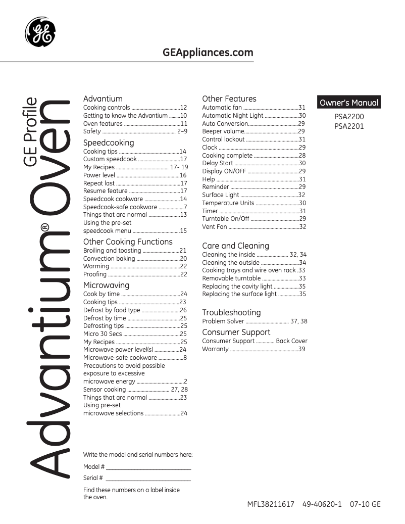 Page 1 of the manual User Manual GE Advantium PSA2200