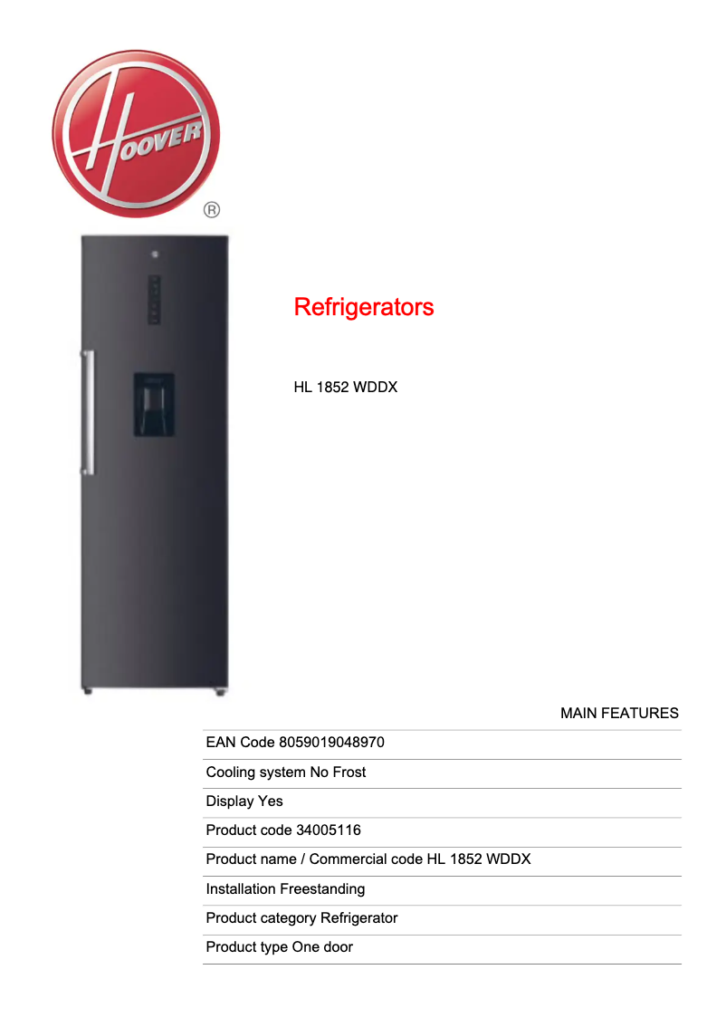 Page n°1 - Fiche technique Hoover HL 1852 WDDX