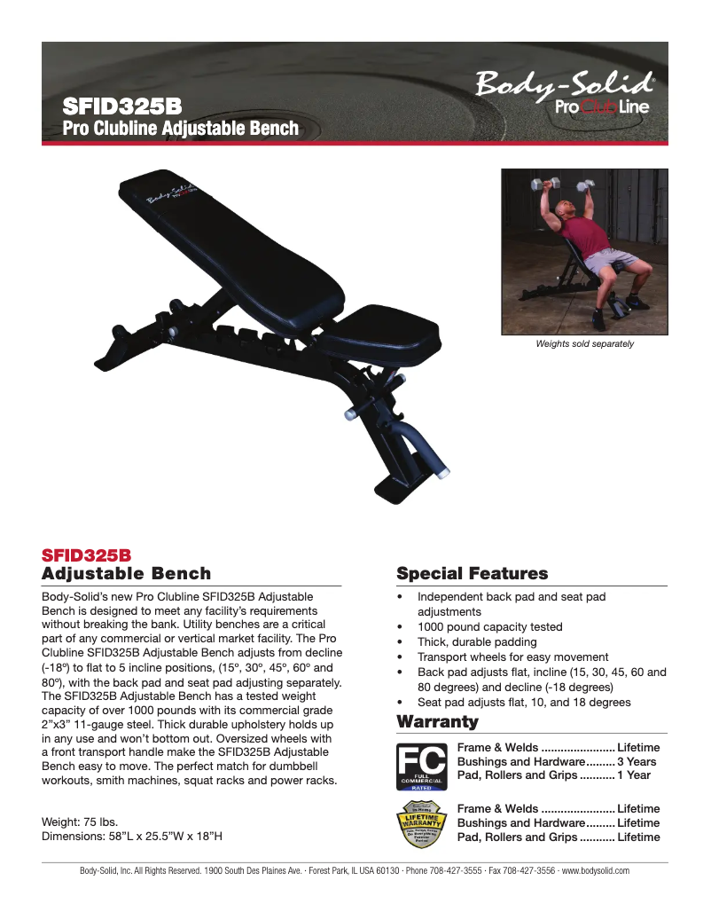 Página 1 del manual Ficha técnica Body-Solid SFID325