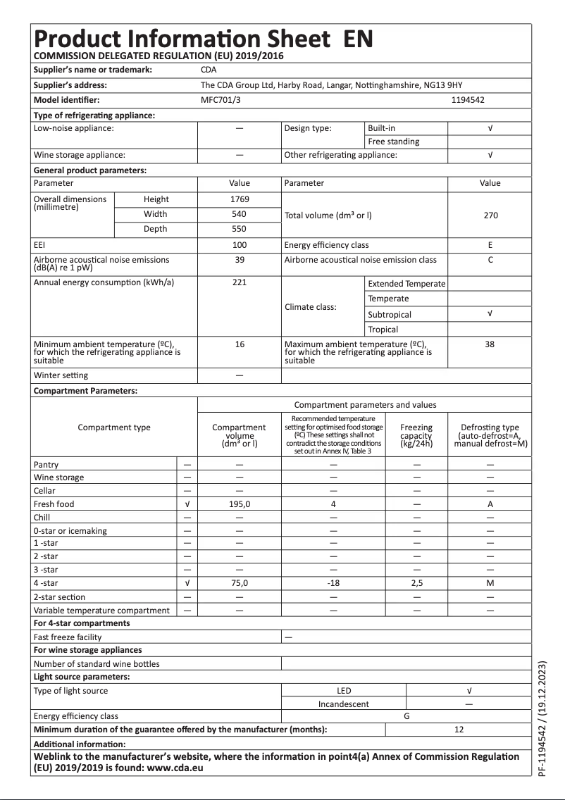 Page n°1 - Fiche technique Matrix MFC701