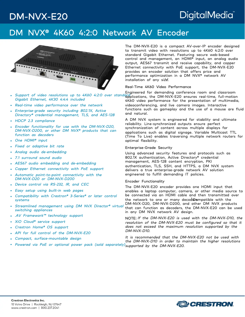 Page 1 de la notice Fiche technique Crestron DM-NVX-E20