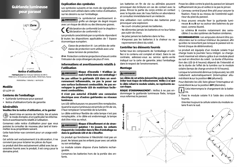 Page 1 de la notice Manuel utilisateur LightZone GT-LCFP-01