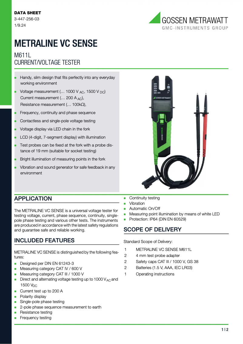 Page 1 de la notice Fiche technique Gossen Metrawatt METRALINE VC SENSE M611L
