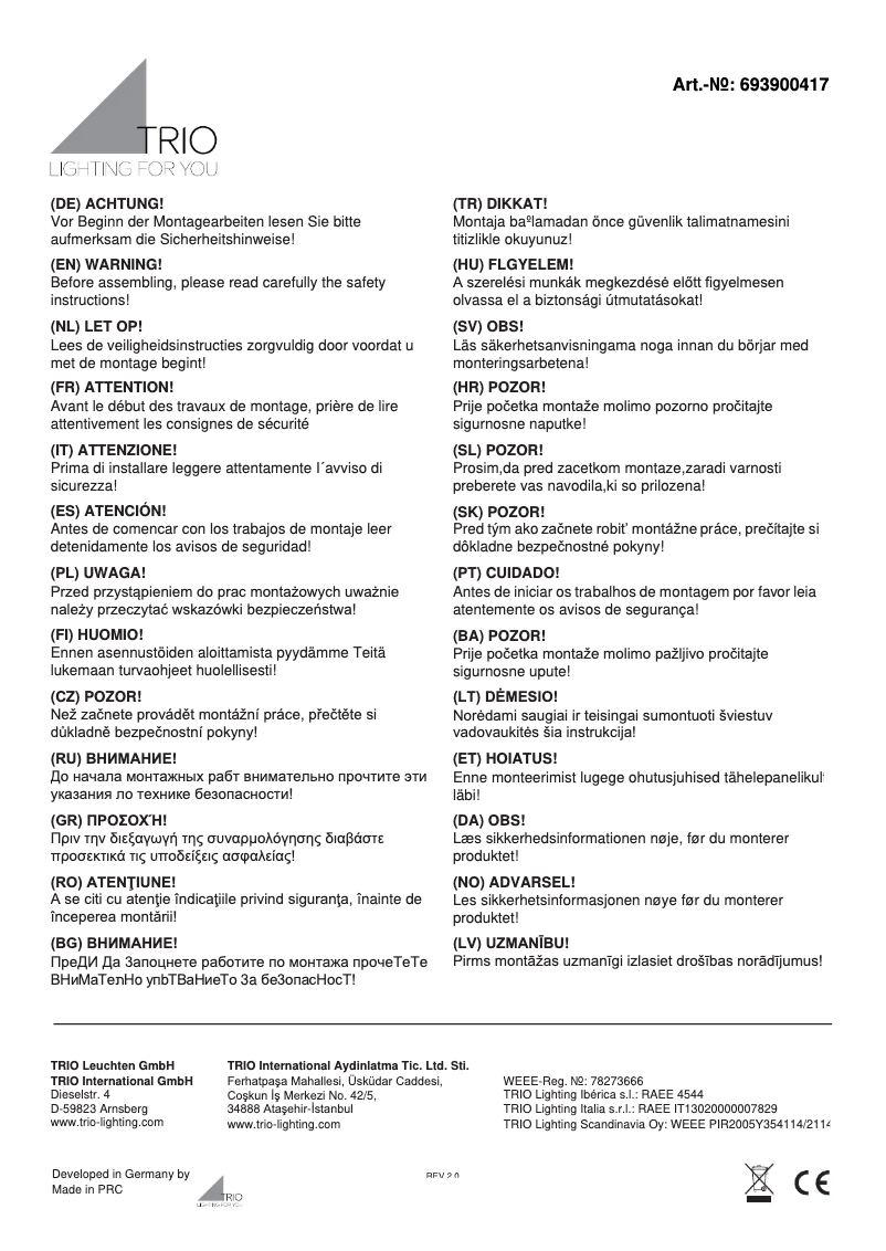 Page 1 de la notice Manuel utilisateur Trio Lighting Hotel 693900417