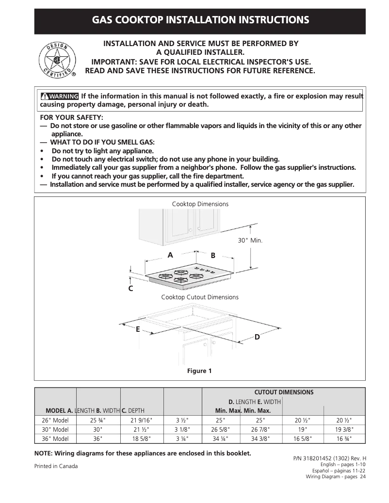 Page 1 de la notice Guide d'installation Frigidaire FFGC3005LW