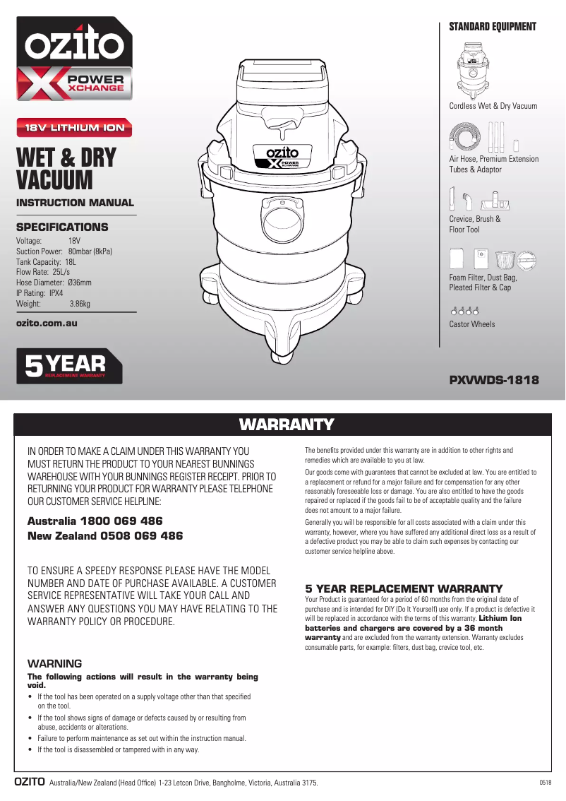 Page 1 de la notice Manuel utilisateur Ozito PXVWDS-1818
