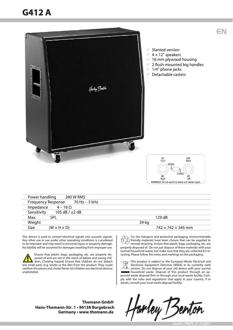 Page 1 de la notice Manuel utilisateur Harley Benton G412A