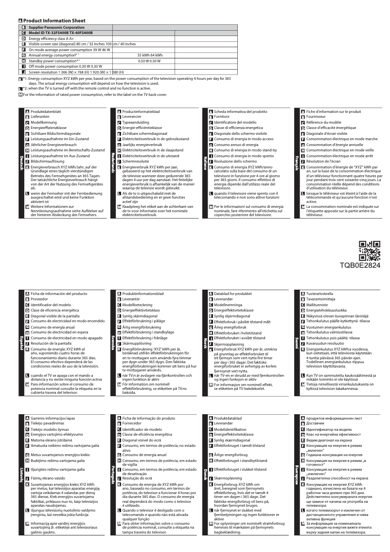 Page 1 de la notice Fiche technique Panasonic TX-32FS400B
