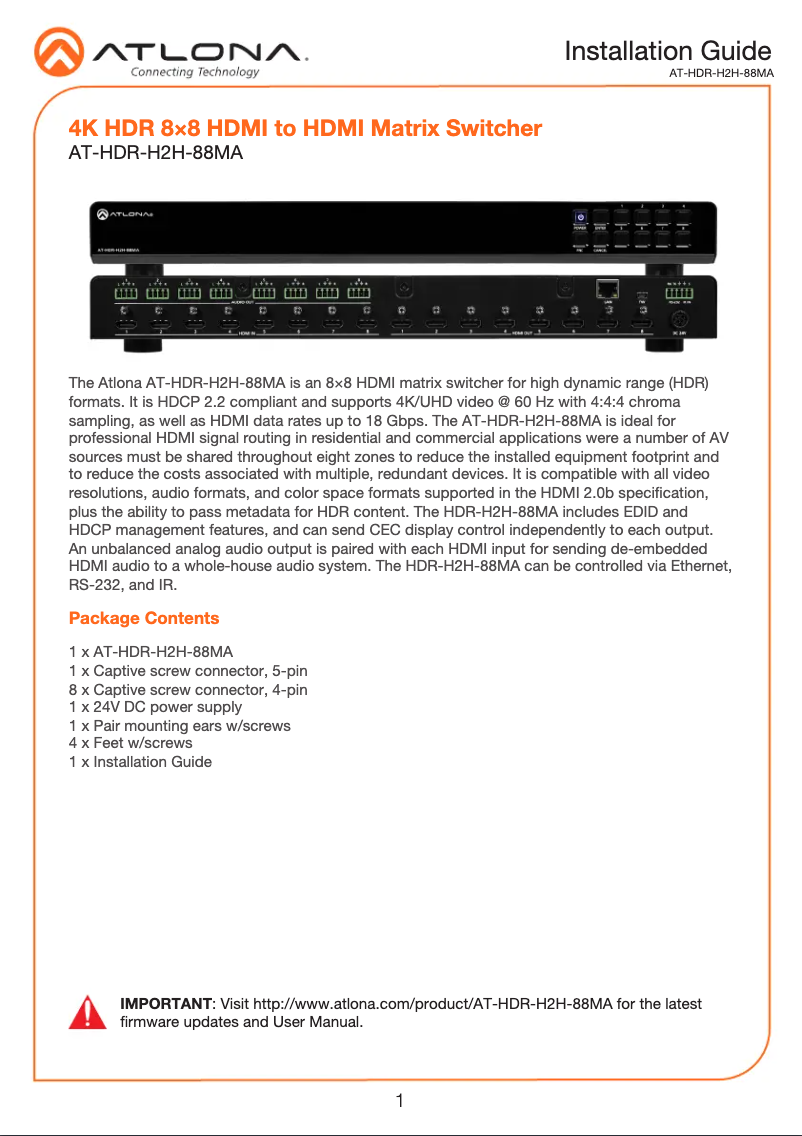 Page n°1 - Guide d'installation Atlona AT-HDR-H2H-88MA