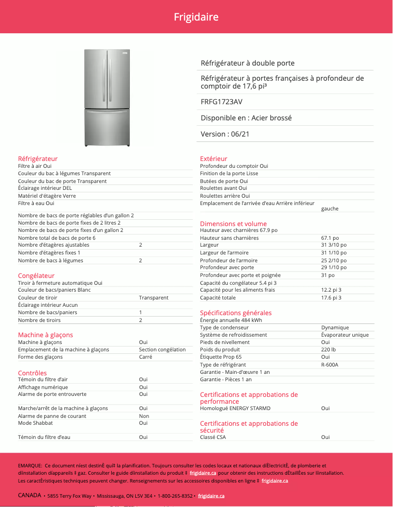 Página 1 del manual Ficha técnica Frigidaire FRFG1723AV