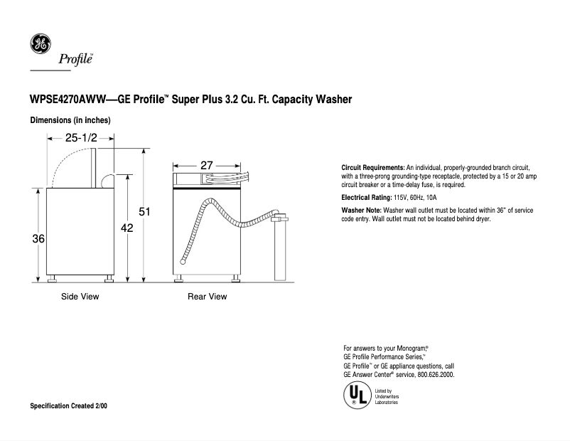 Página 1 del manual Ficha técnica GE Profile Prodigy WPSE4270AWW