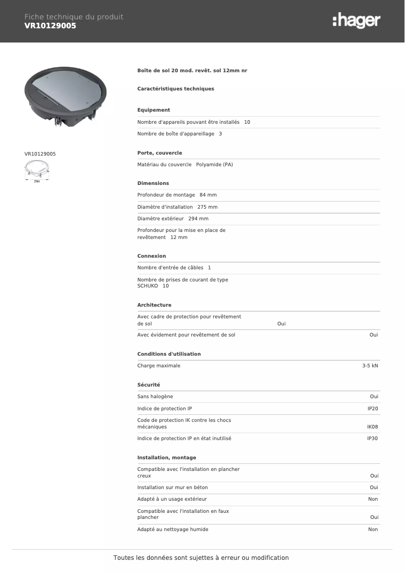 Page n°1 - Fiche technique Hager VR10129005