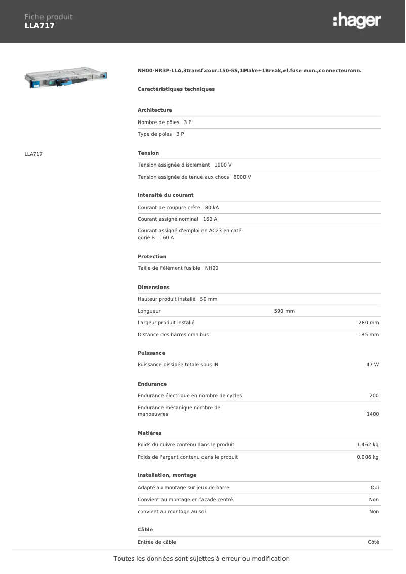 Page n°1 - Fiche technique Hager LLA717