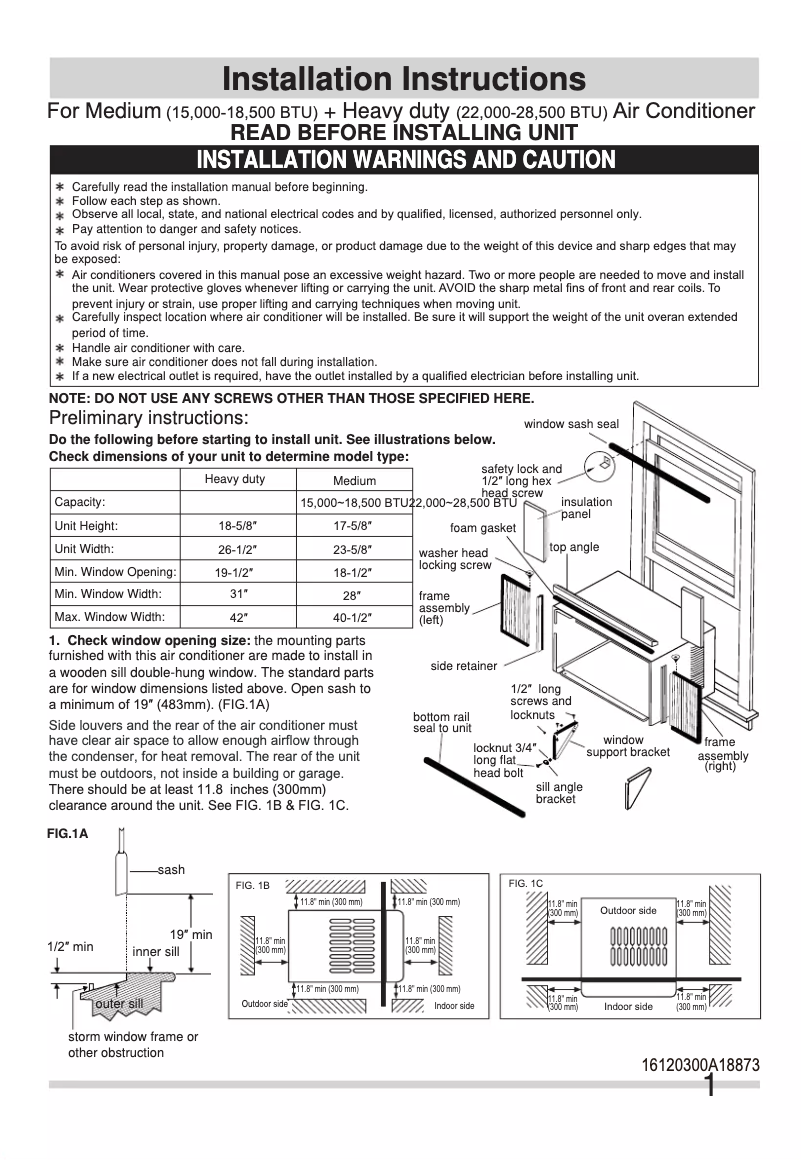 Página 1 del manual Guía de instalación Frigidaire FHWW153WBE