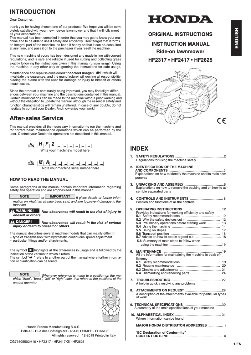 Page 1 de la notice Manuel utilisateur Honda HF 2417 HM B