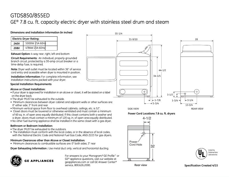 Página 1 del manual Ficha técnica GE GTDS850EDWS