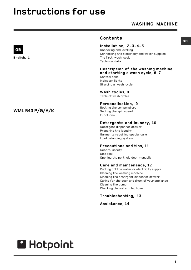 Page n°1 - Manuel utilisateur Hotpoint WML 540 G