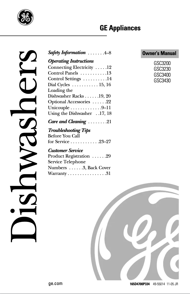 Page 1 de la notice Manuel d'utilisation et d'entretien GE GSC3230FWW