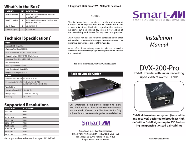 Page 1 de la notice Manuel utilisateur Smart-AVI DVX-200-ProS