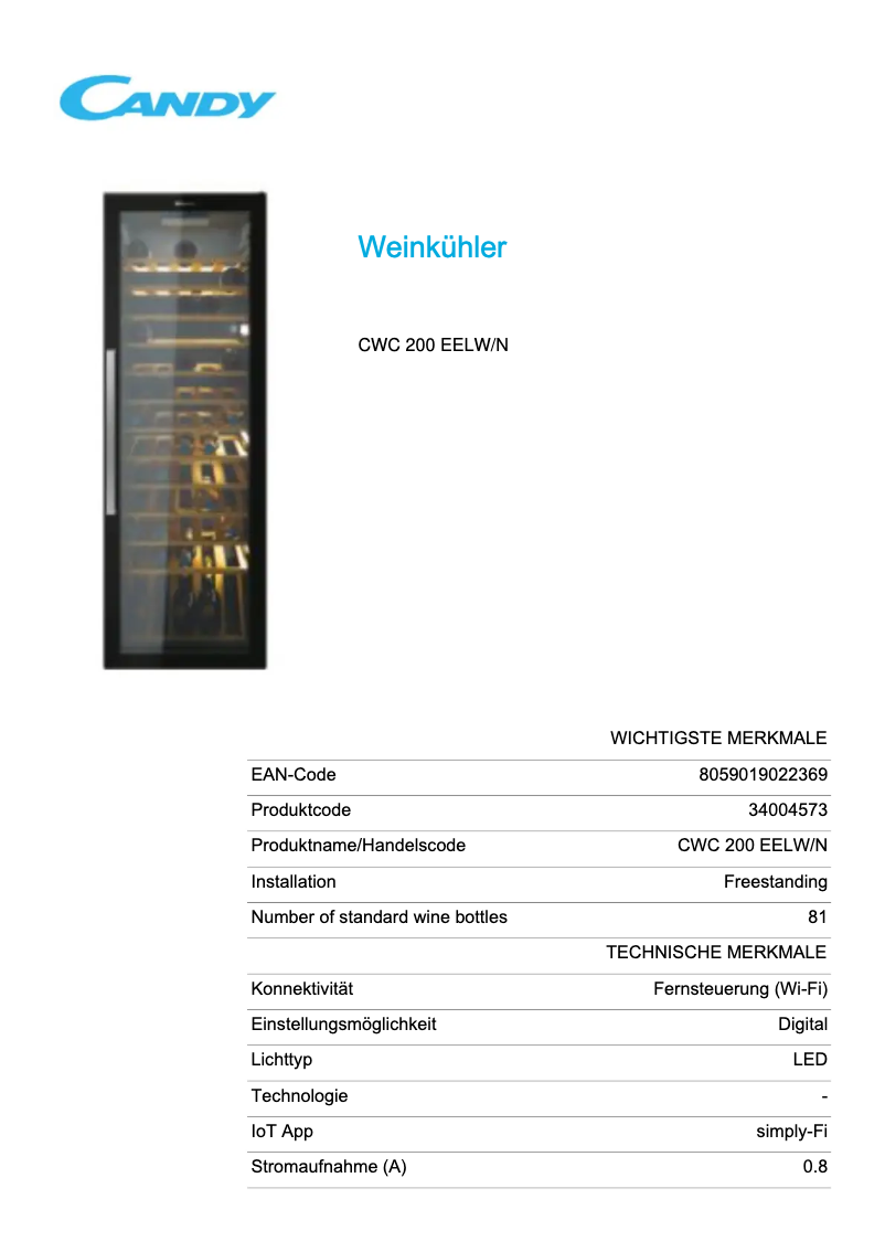 Page 1 de la notice Fiche technique Candy CWC 200 EELW/N
