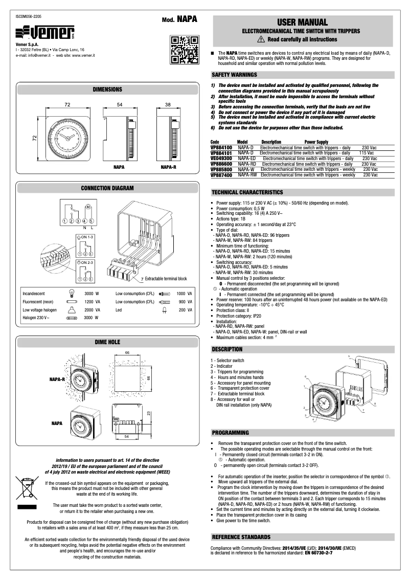 Page 1 de la notice Manuel utilisateur Vemer NAPA