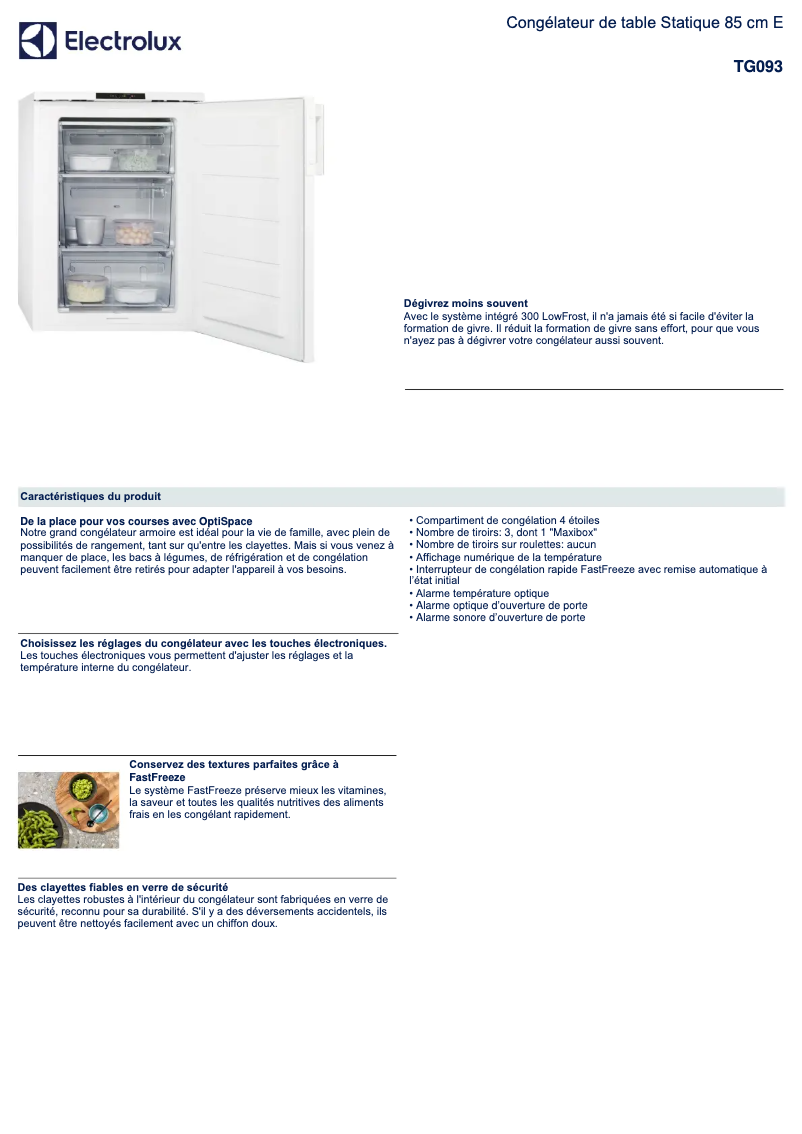Page 1 de la notice Fiche technique Electrolux TG093