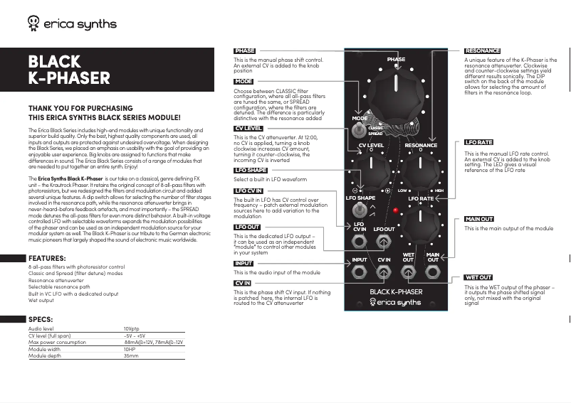 Page 1 de la notice Manuel utilisateur Erica Synths Black K-Phaser