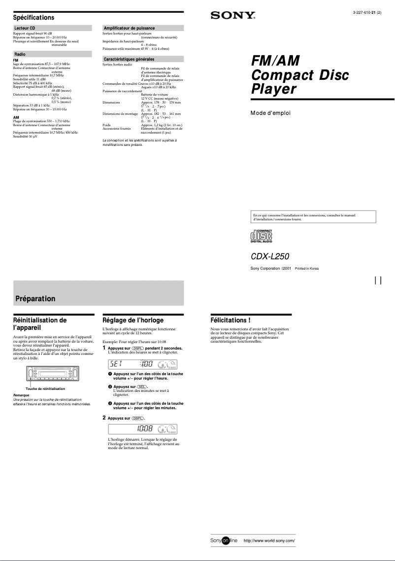 Image de la première page du manuel de l'appareil CDX-L250