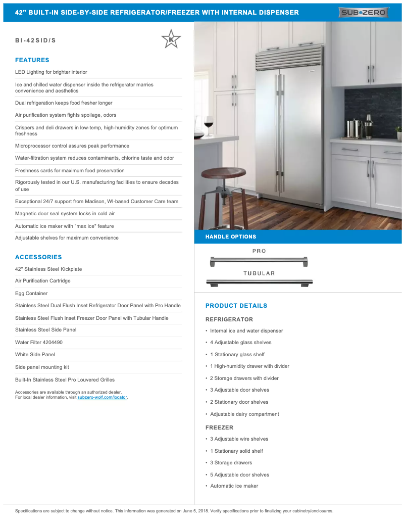 Page 1 de la notice Fiche technique Sub-Zero BI-42SID/S/PH