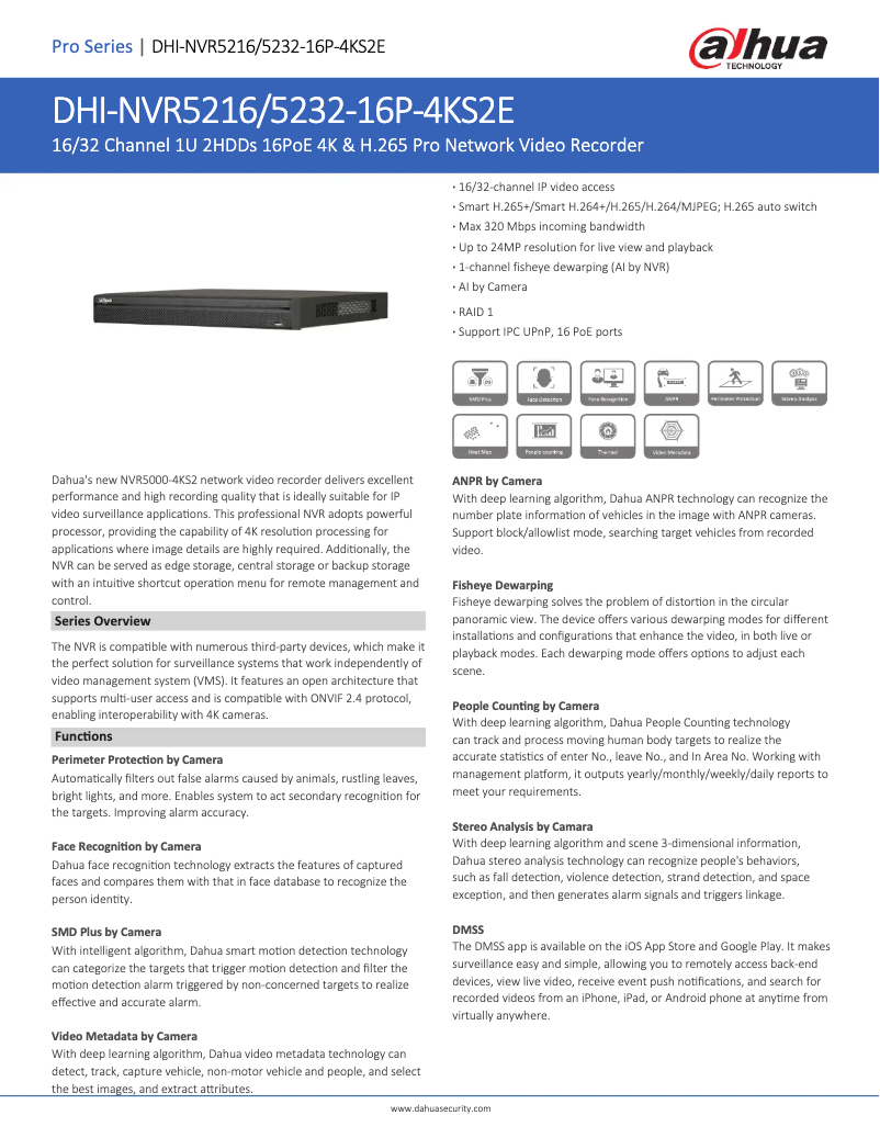 Page n°1 - Fiche technique Dahua Technology NVR5216/5232-16P-4KS2E