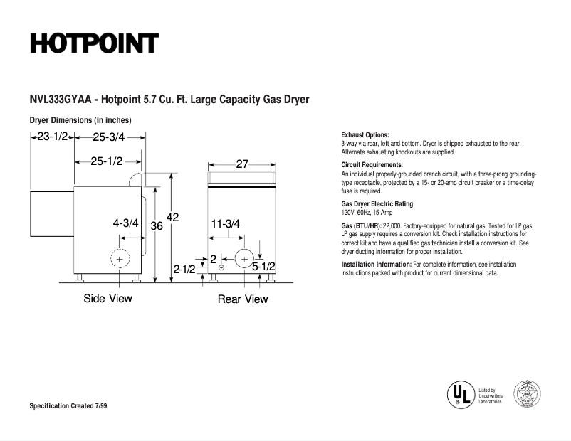 Page 1 de la notice Fiche technique Hotpoint NVL333GYAA
