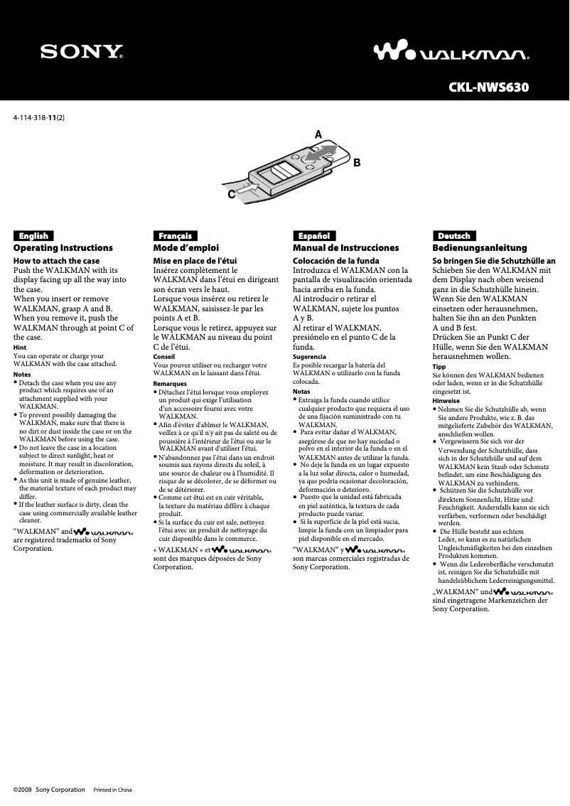 Page 1 de la notice Manuel utilisateur Sony CKL-NWS630