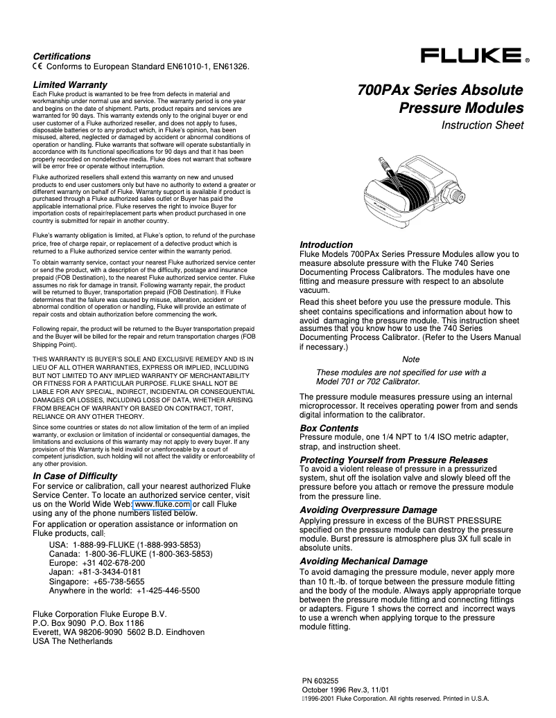 Page 1 de la notice Instructions / montage Fluke 700PA6