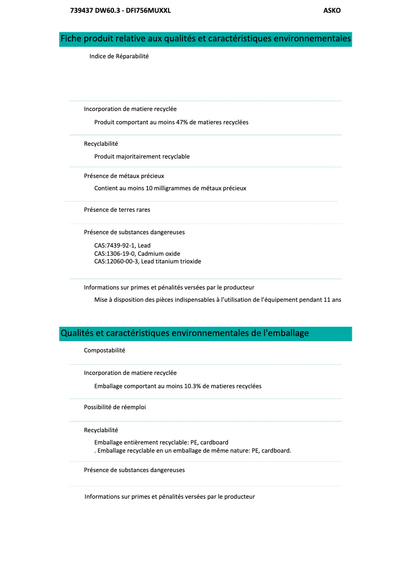 Page n°1 - Fiche technique Asko DFI756MUXXL
