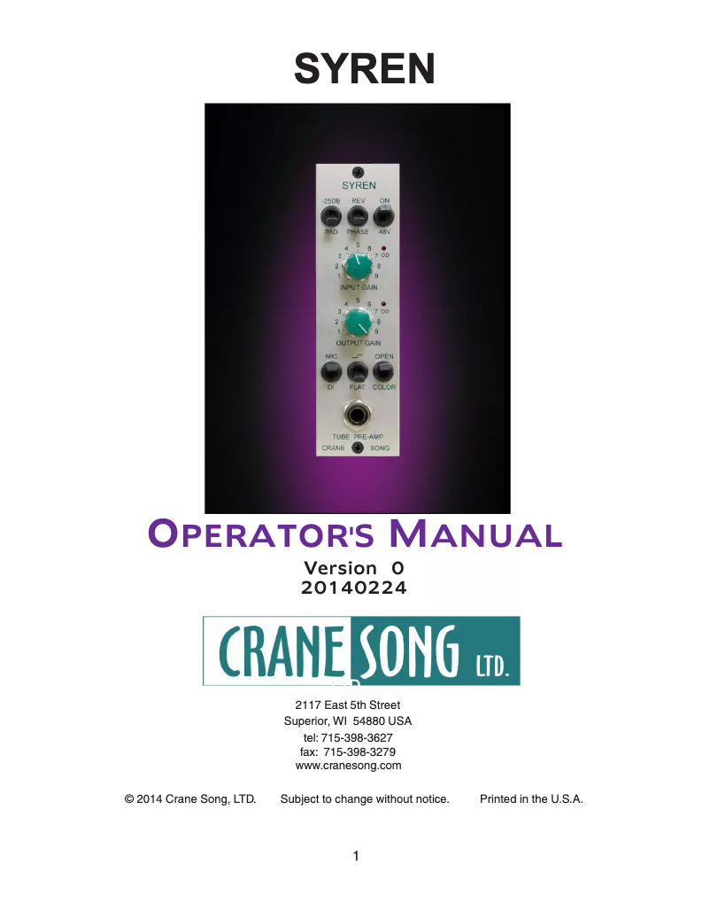 Page 1 de la notice Manuel utilisateur Crane Song Syren