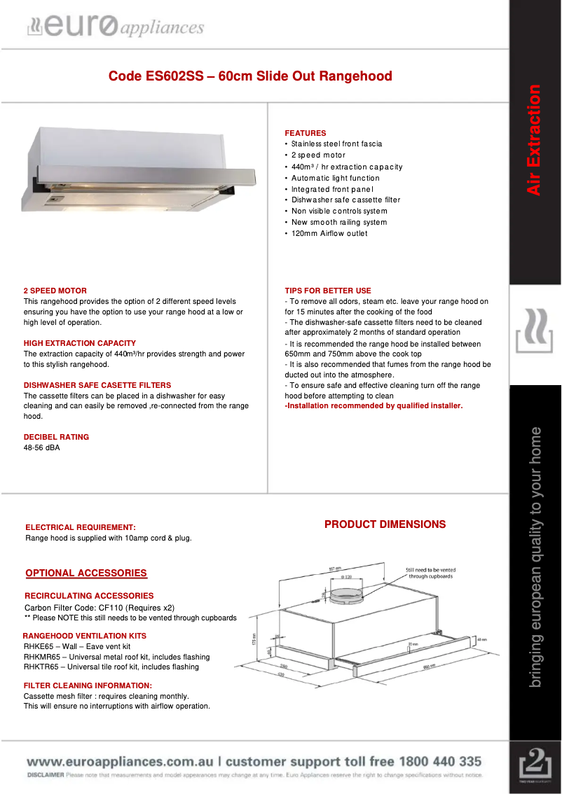 Page 1 de la notice Fiche technique Euro Appliances ES602SS