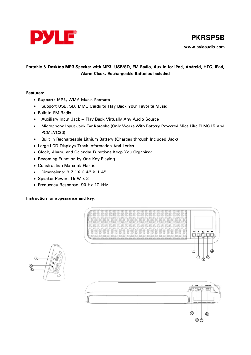 Page n°1 - Manuel utilisateur Pyle PKRSP5B