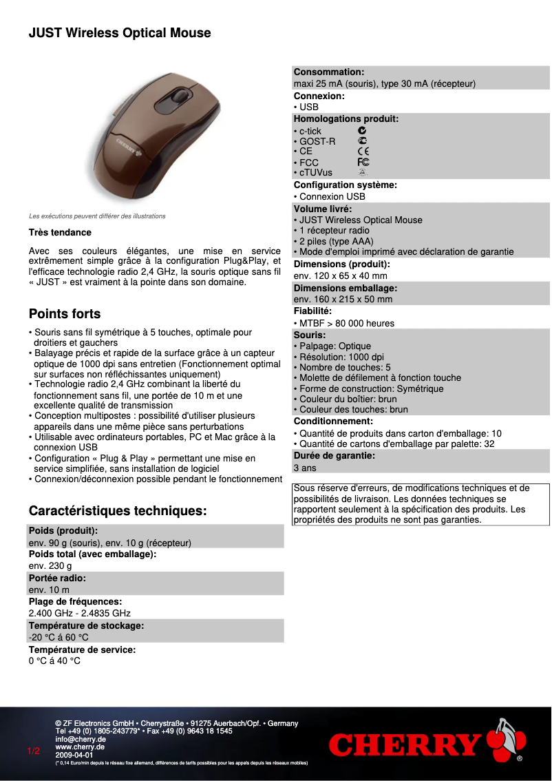 Page 1 de la notice Fiche technique Cherry JUST M-8000